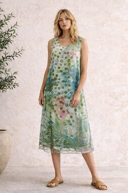 Alison Sheri Sleeveless Dress Mesh Overlay Floral Polka Dot Artsy A-Line Midi M